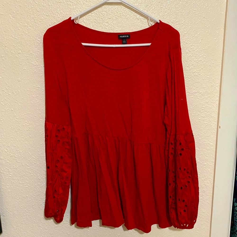 Burnt orange red blouse, empire waist with lacey puff sleeves